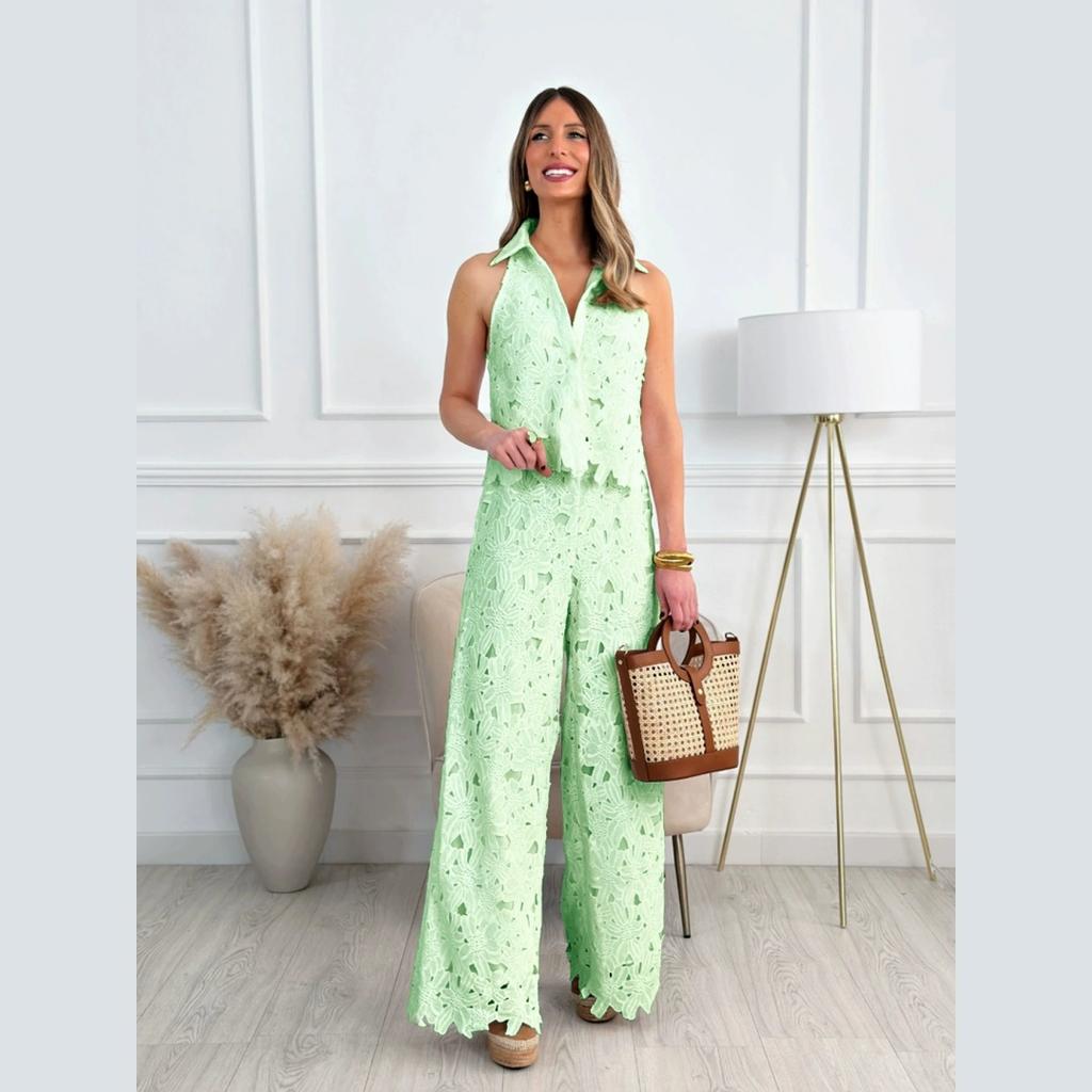 Summer French Summer Embroidered Hollow V-neck Vest Top + Wide-leg Straight Trousers Suit