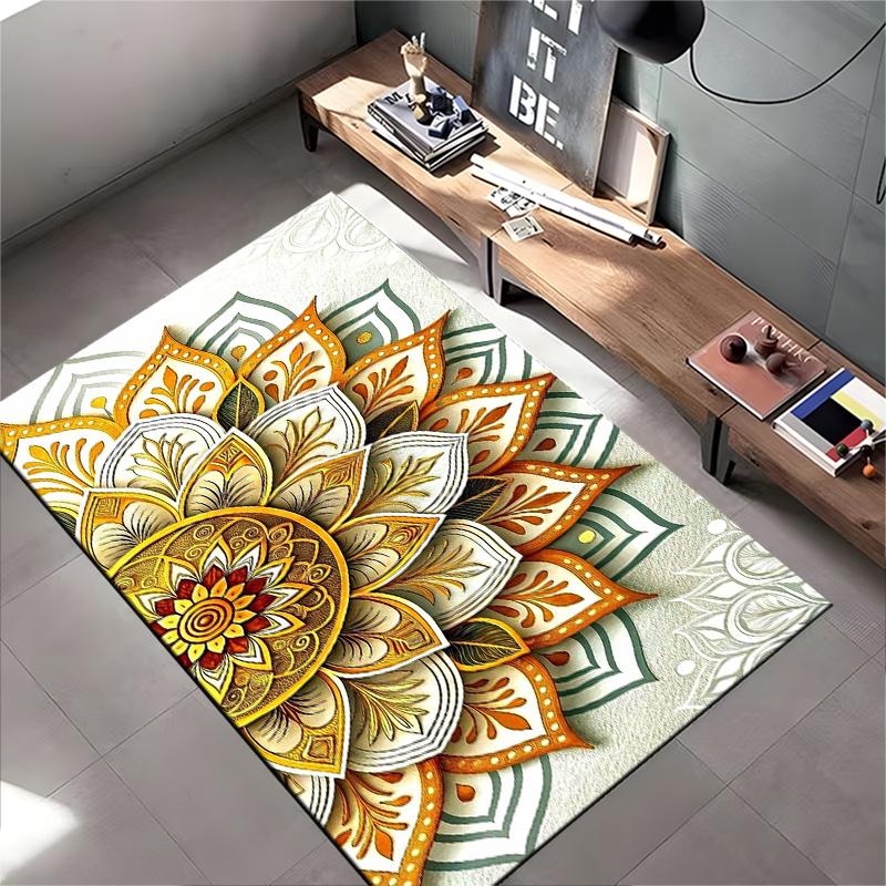 Area Rug, 3D Mandala Flower Gold Orange White Paper Cut Print, Living Room Decor, Non-Slip Mat
