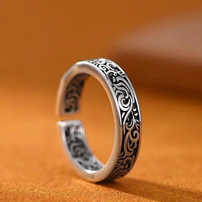 New Silver Color Retro Old Tang Grass Pattern Rings for Women Classic French Boys' Index Finger Ring Gift Gothic Jewelry