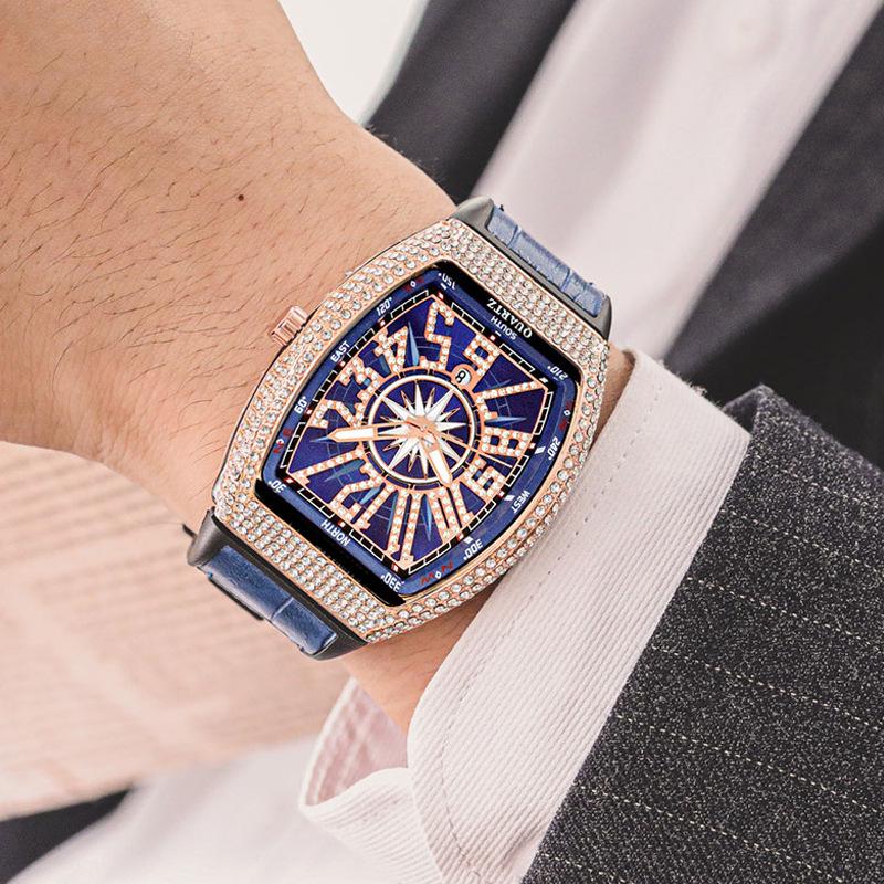 Męski zegarek na rękę Yacht z beczułkowatym skórzanym paskiem i inkrustowanymi diamentami - Retro design kwarcowy