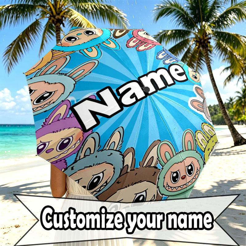 Custom Name Personalized Labubu Print Umbrella, Auto Open Close, 8‑Rib Sturdy Frame, Commute Camping Hiking Use, Birthday Gift