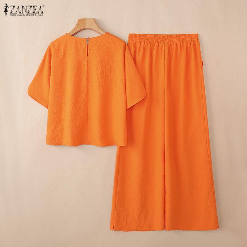 ZANZEA Women Short Sleeve Blouse and Pants Summer Two Piece Suit Sets