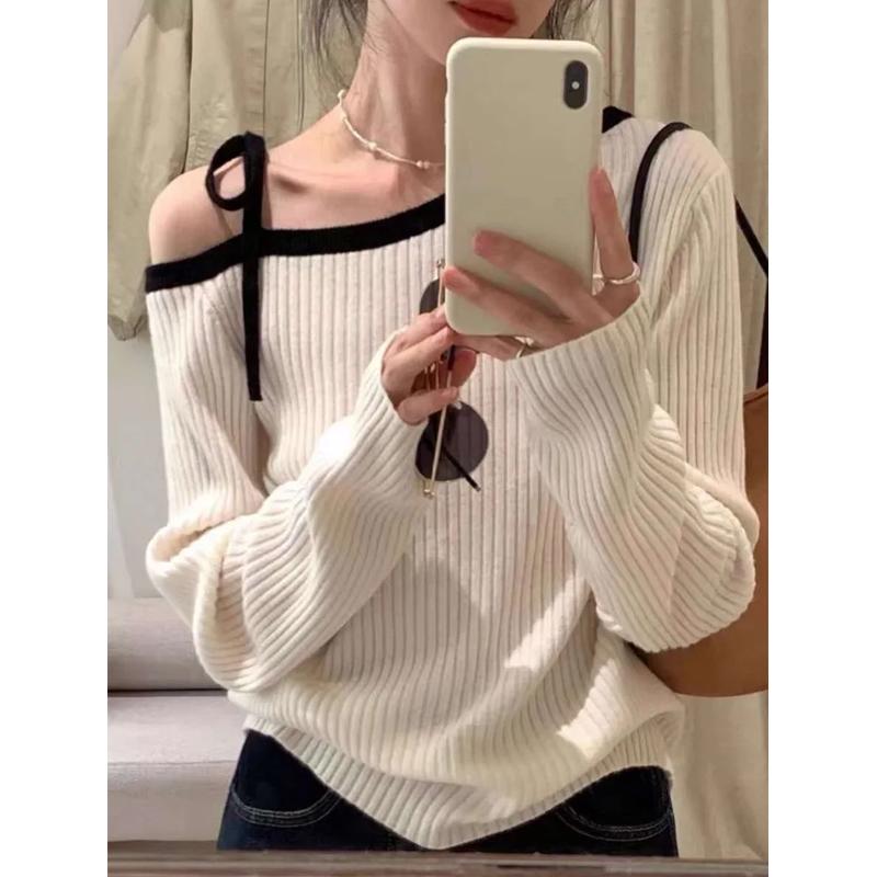Elegant Fashion Off-shoulder Lace-up Pullover Women Sweater 2025 Autumn Loose Long Sleeve Casual Knitted Top Korean Style Clothing