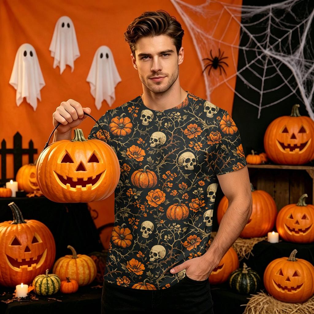 Men's Short Sleeve Halloween Print Round Neck T-Shirt for Casual Party Wear
