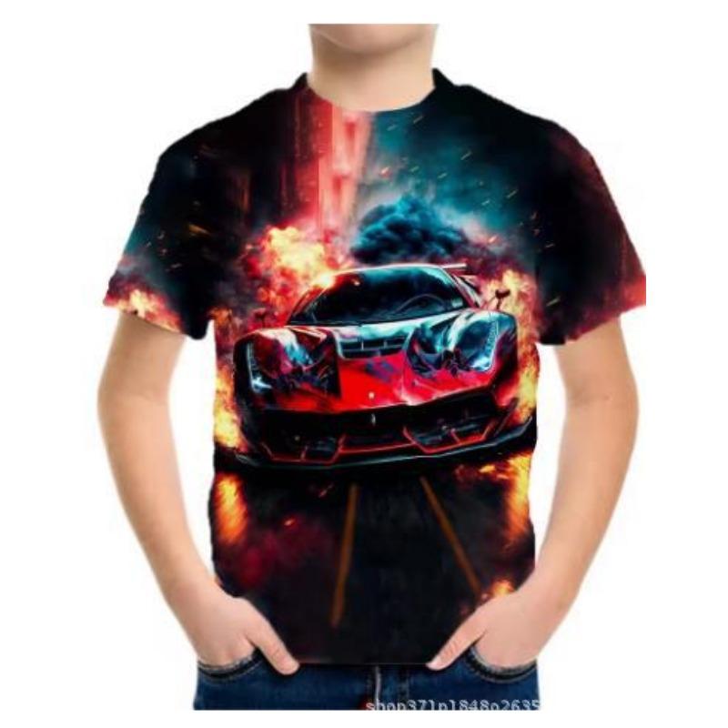 Summer Round Neck 3D Racing Series Printed Top Fashionable Casual Short Sleeved Children's Boy T-shirts
