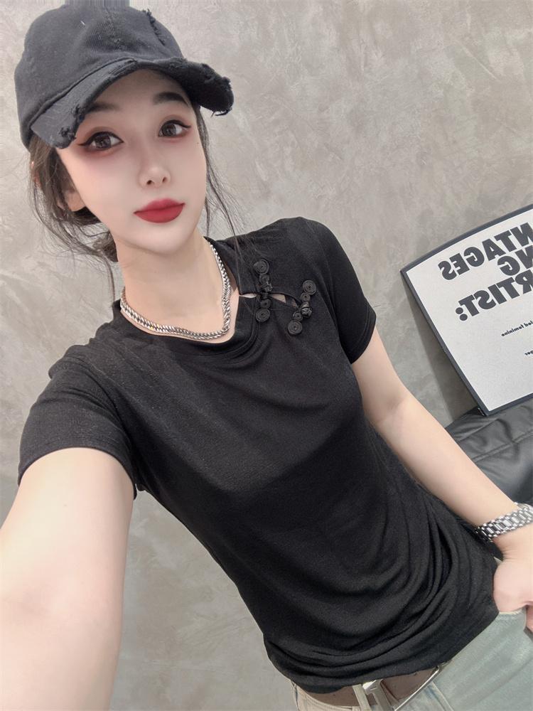 

2025 Summer Women s Slimming Round Neck Hollow Out Top with Traditional Style M чёрный