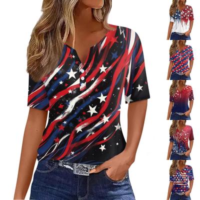 Damen-T-Shirt mit Aufdruck „Unabhängigkeitstag“ und Knopfleiste, kurzärmelig, für den Alltag und das Wochenende, modisch, Basic, V-Ausschnitt, normales Oberteil