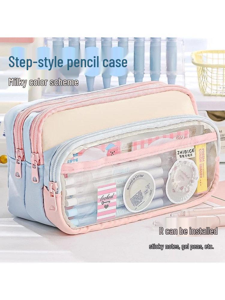 Dopamine Super Thick Four-Layer Transparent Pencil Case 2025, Junior High Color Block Edition Orange/Blue Pencil Case - Single