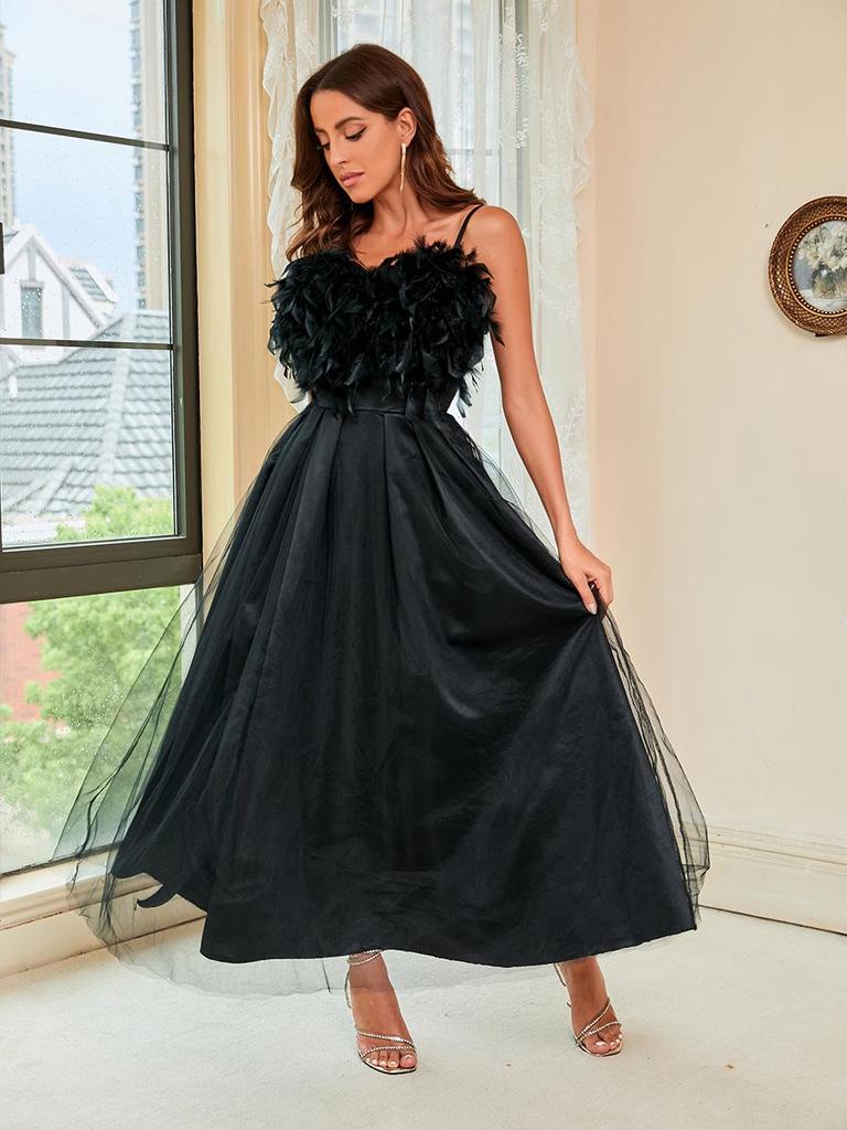 Spring/Summer 2022 Women's Feather Strap Mesh Evening Gown