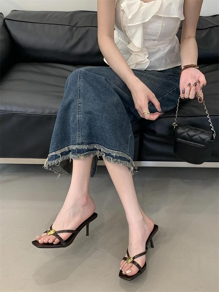 Eilyken Summer Square Toe Women Slippers Narrow Band Sandals Thin Low Heels Party Female Slide Shoes Zapatos De Mujer