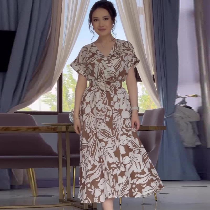 2024 Summer European & American Women's Fashion Print V-neck Waist-tie Dress