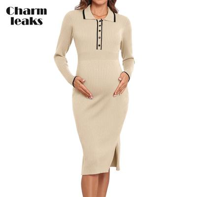 Maternity Sweater Dress Fall 2024 Collared Bodycon Midi Pregnancy Dresses for Photoshoot Baby Shower