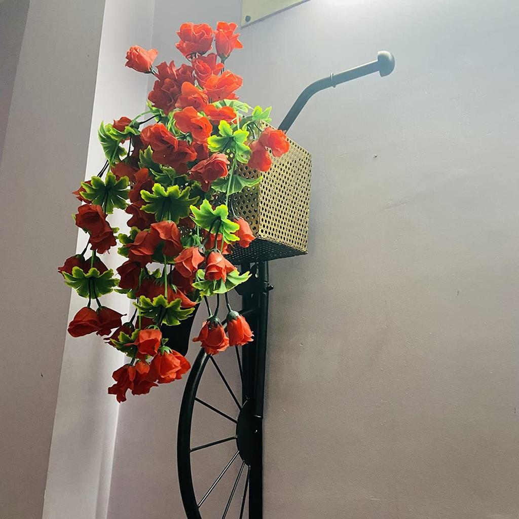 Żelazny rower ścienny do książek, dekoracyjny kwiatowy - (Czarny, Średni) 76,2L x 53,3W centymetrów, metal