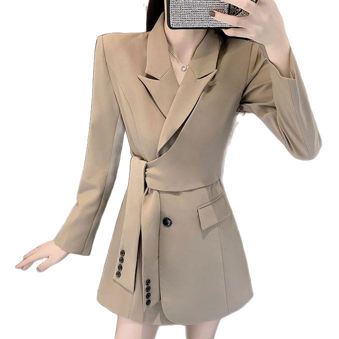 Französisches Herbst-Langarm-Doppelreiher-Falten-Anzugkleid