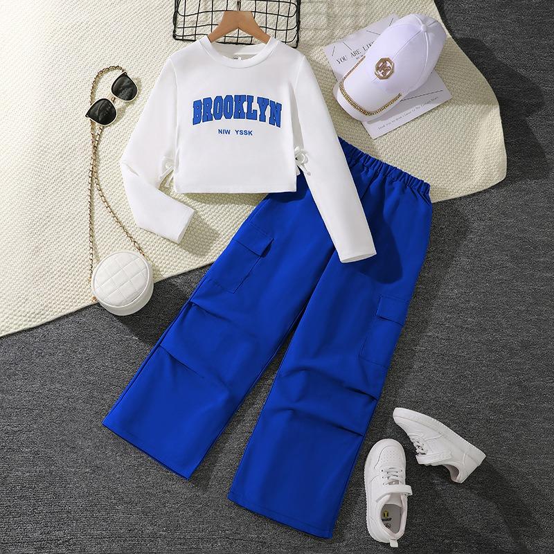 Mädchen Big Kids 2-teiliges Set Buchstabendruck Langarm-Sweatshirt mit Cargohose Amerikanischer Stil Lässiges Outfit für Frühling Herbst