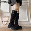 Winter Woman Knigth Knee-High Boots Street Style Thick Sole Belt Buckle Slip On Shoes Vintage Long Booties  De Muje