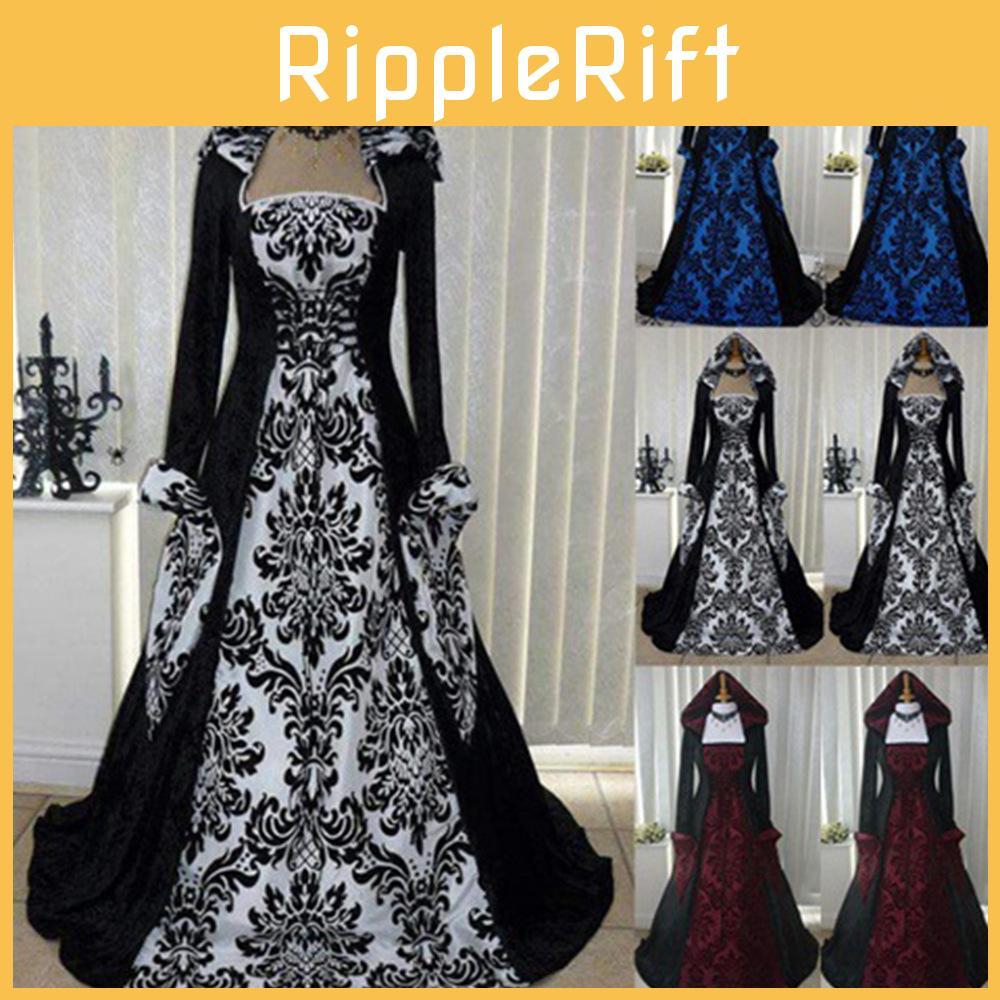 Long Hooded Sleeved Dress Draw In Waist Printed Court Skirt Cosplay Costume