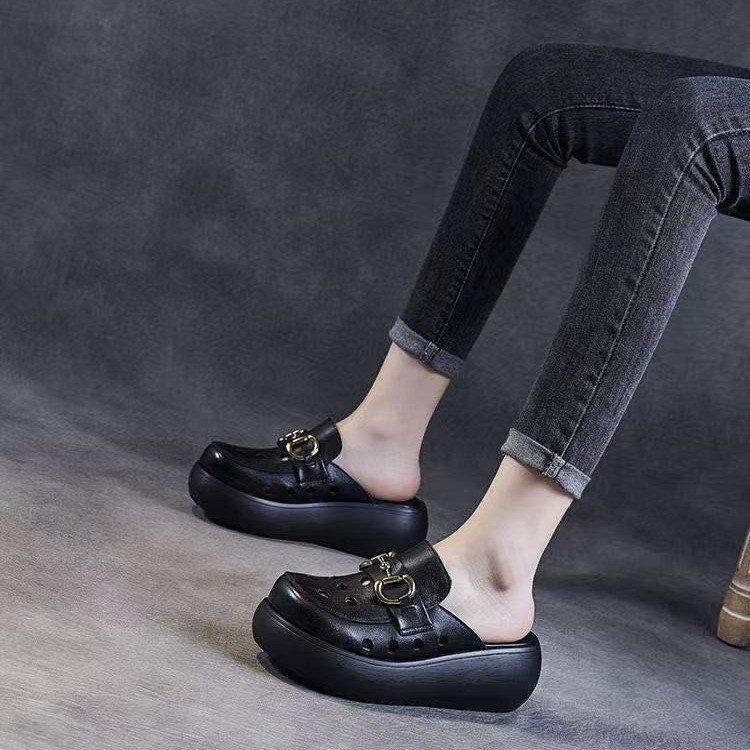Baotou Half Slippers Women's Summer Fashion Outer Wear 2025 New Hollow Hole Shoes Soft Leather Muffin Thick Sole Heightening Sandals
