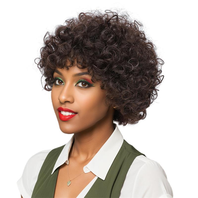 Synthetic Short Curly Brown Wigs for Women Fluffy Wigs with Bangs Daily Party Cosplay Costume Heat Resistant Female