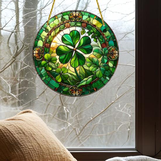 Yousheng St. Patrick's Day Acrylic Suncatcher, Green Four Leaf Clover Window Hanging Ornament, Stained Glass Style Irish Lucky Sun Catcher Decor for
