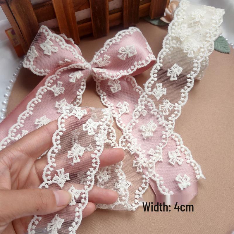 Beige 4cm Embroidered Lace Trim Bow for Hair Accessories, Lolita Ornaments, Bouquet Decoration, Ribbon Craft.