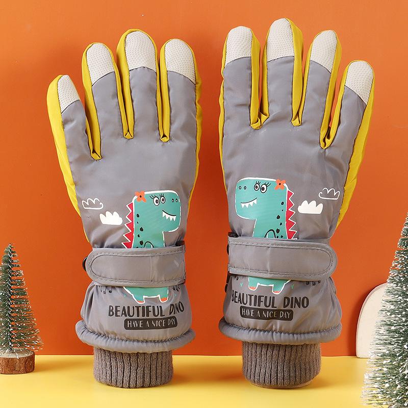 Mănuși de schi de iarnă pentru copii pentru căldură, catifea îngroșată, mănuși cu dinozaur mic, sporturi în aer liber, desen animat, degete, mănuși impermeabile