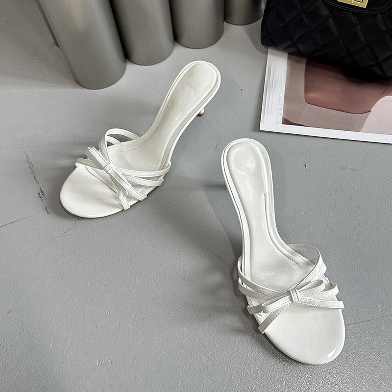 

Fashion Fashion Butterfly-Knot Women Thin Heels Slides Slippers Shoes Round Toe Ladies Medium Heels Slippers Shoes Female Sandals Pumps 35 бежевый