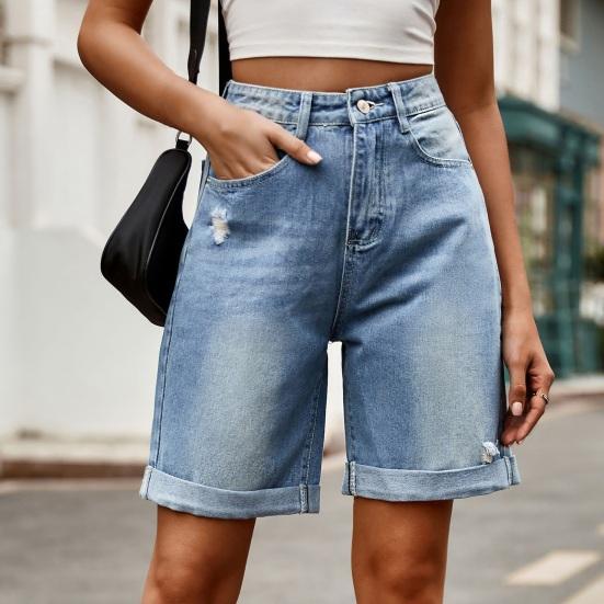 Summer Women Denim Shorts Mid Waisted Knee Length Stretchy Casual Wide Straight Leg Distressed Cuffed Jeans Short Pants with Pockets