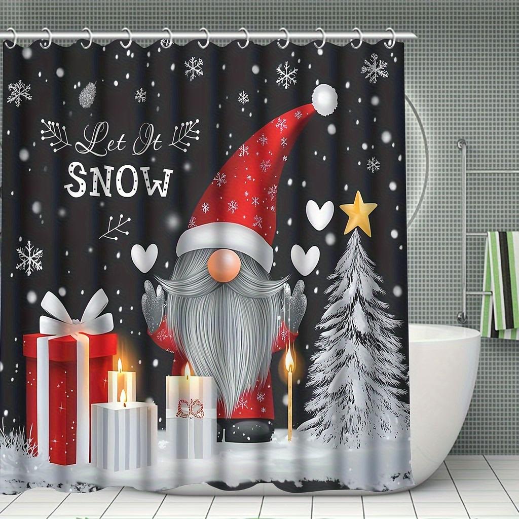 4Pcs Bathroom Shower Curtain Set Christmas Gnome Print Bathroom Curtain With 12 Hooks Non Slip Rugs Toilet Cover Mat Bathroom Partition