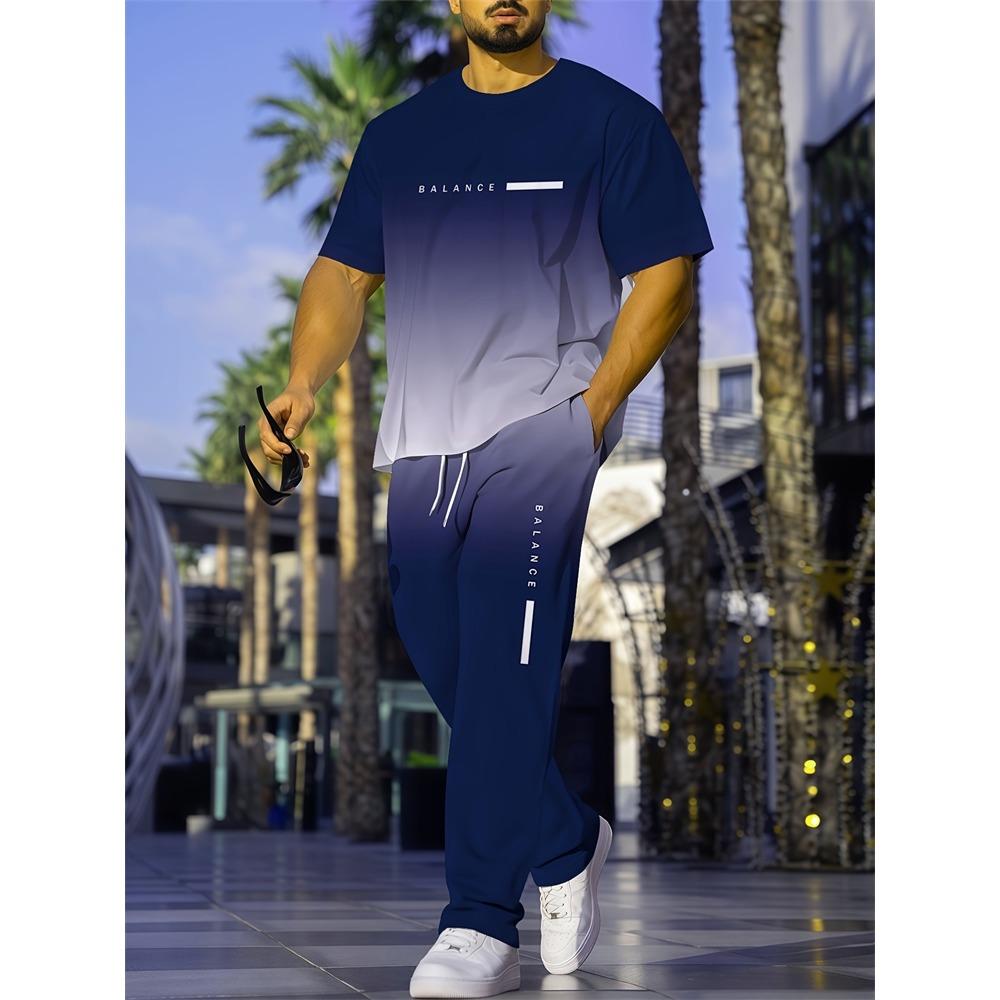 Simple Striped Printed Men's Casual Long Pants Set, Outdoor Street Fashion Trendy Men's Top And Casual Long Pants