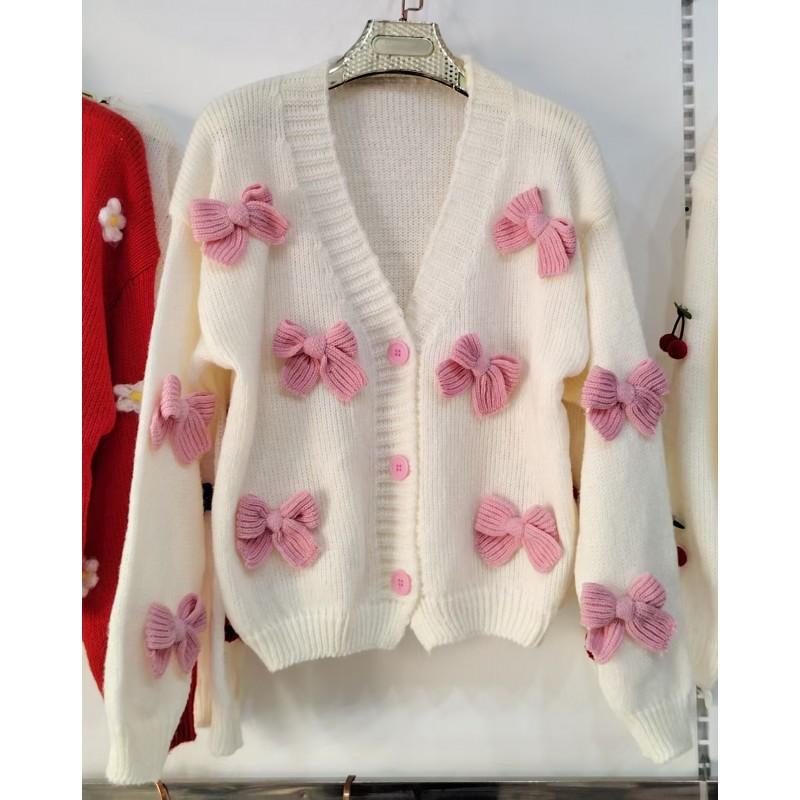 2026 Womens V-Neck Knit Cardigan Loose 3D Bow Sweater Coat Soft Warm Winter