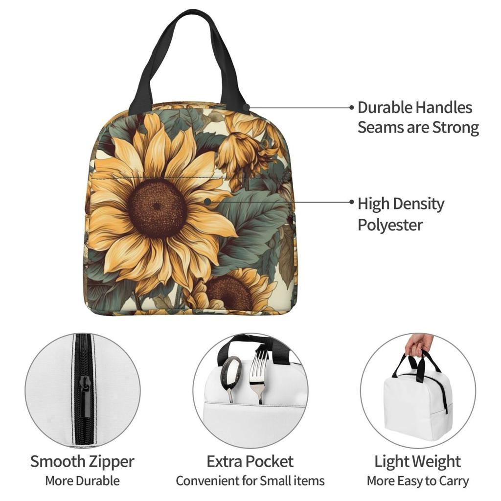Golden Sunflower Cluster Vintage Botanical Drawing Insulated Lunch Bag for Women Office Cooler Thermal Food Box Tote Lunch Boxes