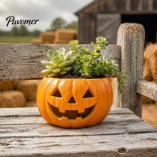 Decorative Pumpkin Container for Porch Patio Halloween Planter, Resin Jack-O-Lantern Flower Pot, Autumn Gift Plant Lovers Pot Succulents Fall Holiday