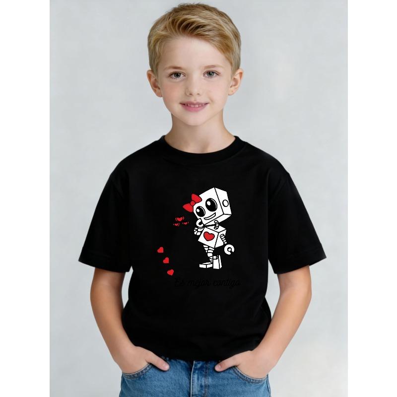 

European sizes New Summer Short-Sleeve T-Shirt for Boys Featuring a Robot And Heart Print, Comfortable for Casual Sportswear 164cm чорний