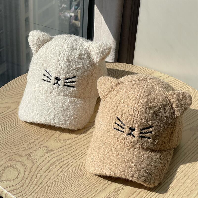 Korean-style Cat Ear Baseball Cap for Women, Lamb Wool, New Autumn and Winter Trendy Thickened Warm Versatile Cute Duckbill Cap