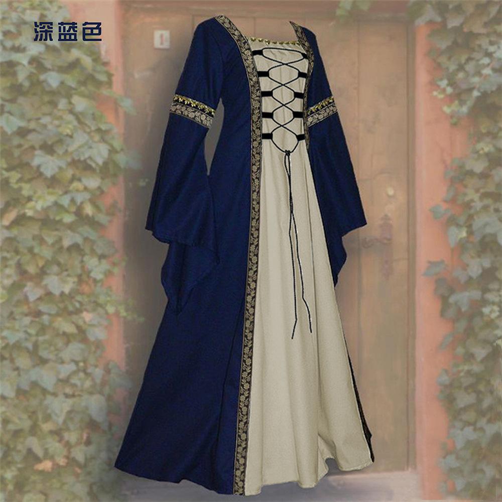 Women Medieval Renaissance Gown Square Neck Bell Long Sleeve Lace Up Contrast Trim Maxi Dress S-5XL Plus Size