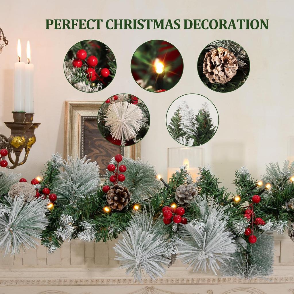9ft Pre-lit Christmas Garland with Lights, Pine & Berry for Mantle, Fireplace, Stairs, Indoor Outdoor Decor