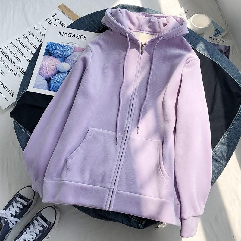 

Осенне-зимняя куртка-свитер для женщин, утолщенная бархатная универсальная студенческая простая спортивная и повседневная куртка с капюшоном на молнии M фиолетовый