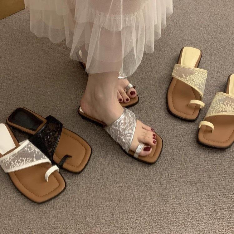 French square head slippers women's summer wear 2025 new toe thick heel straw woven out slippers versatile cool slippers