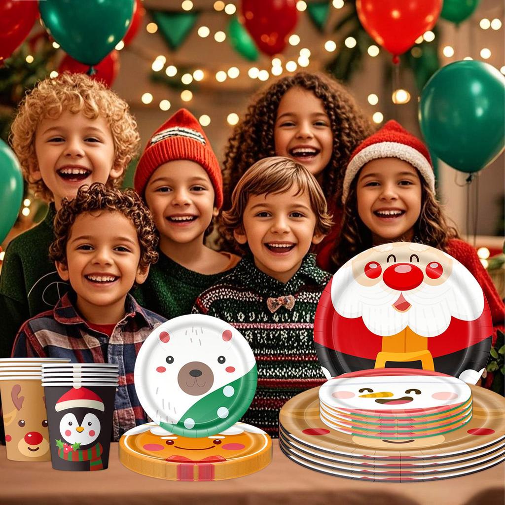 Neues Weihnachts-Cartoon Kinderparty Einweggeschirr-Set: Teller, Tassen, Servietten, Dekorationen
