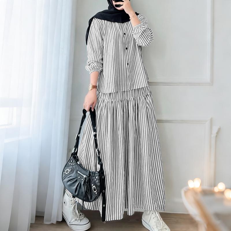 

ZANZEA Жіноча блузка з довгим рукавом та довгі спідниці Повсякденні костюми-двійки 5XL чорний