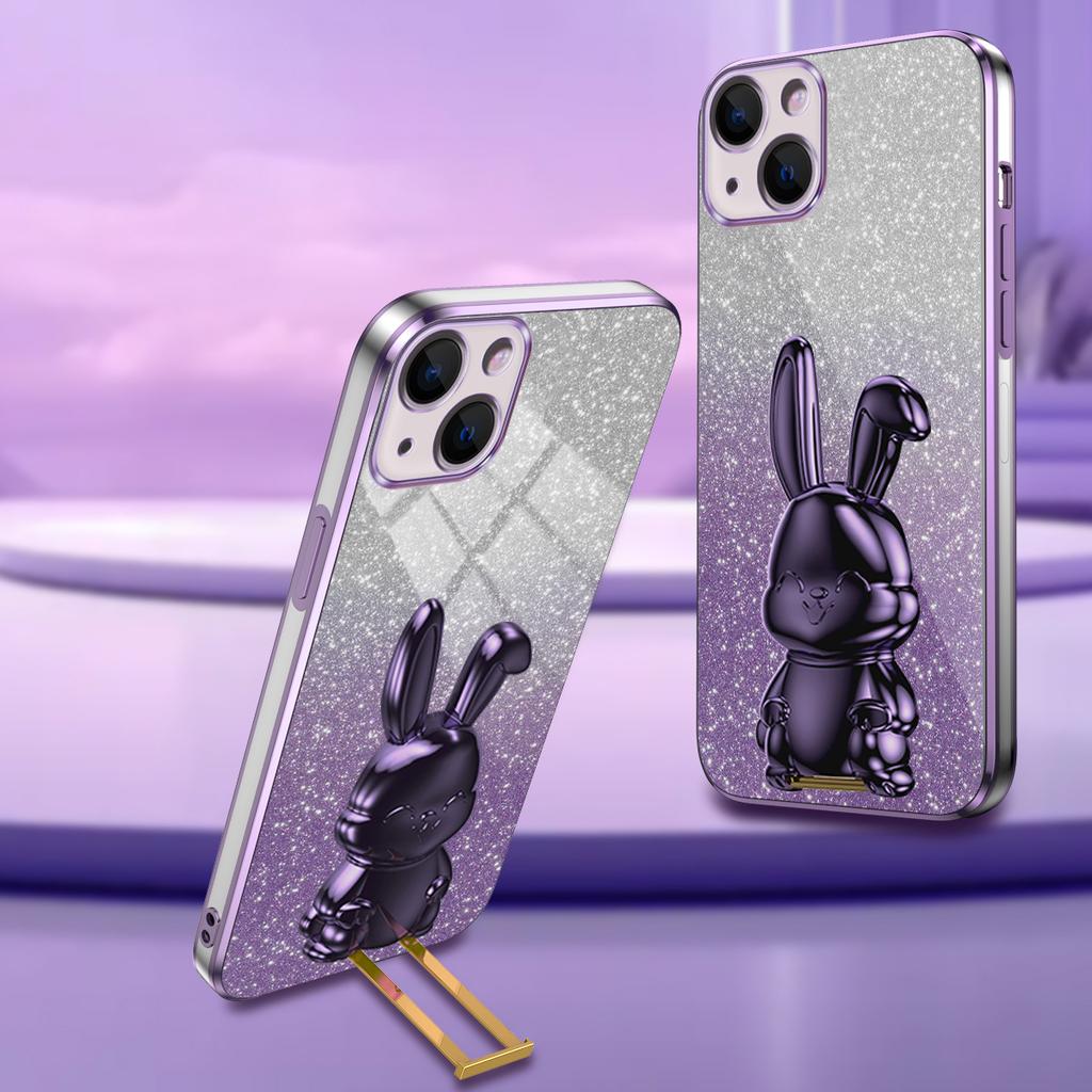 For iPhone 15 Case Lovely Rabbit Pull-out Kickstand Anti-drop Phone Cover