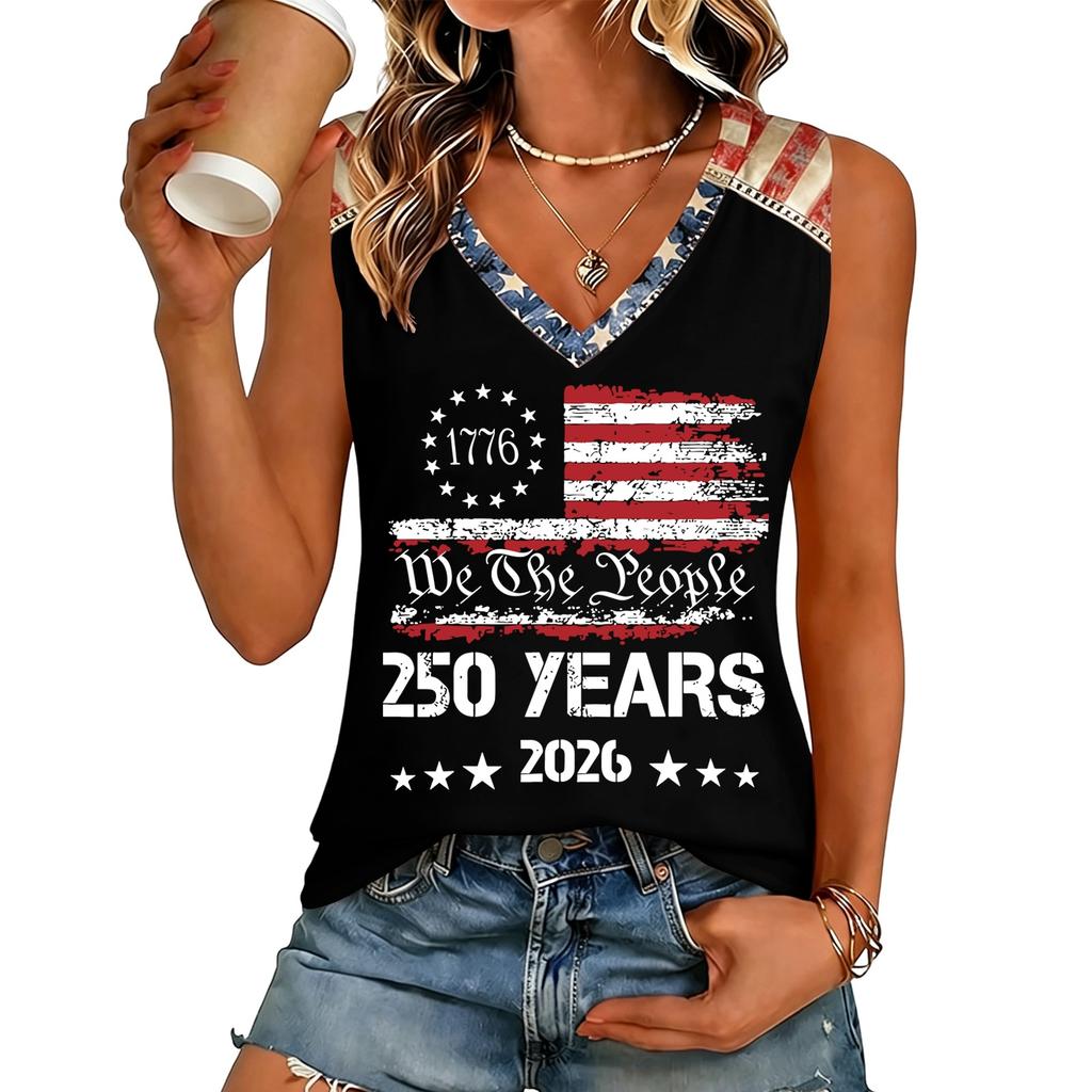 Women’s V Neck Sleeveless Casual Independence Day Butterfly Print Top Patriotic Holiday Tank Shirt for Summer Outings