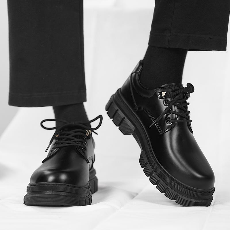 Casual Leather Shoes Autumn New Black Daily Shoes Thick Sole Heightening Small Leather Shoes Pure Black