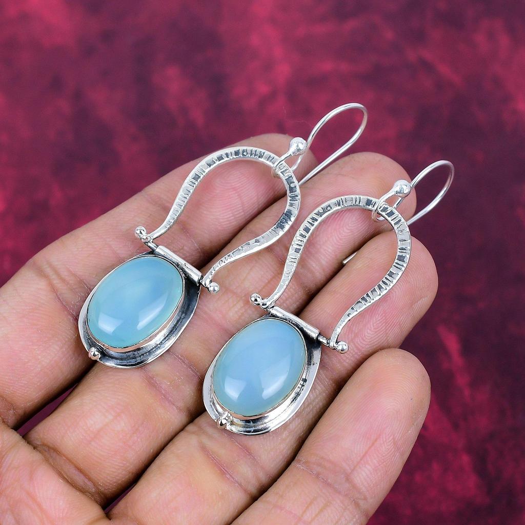 Blue Chalcedony Gemstone 925 Solid Sterling Silver Handmade Antique Jewelry Gift For Mother Earrings