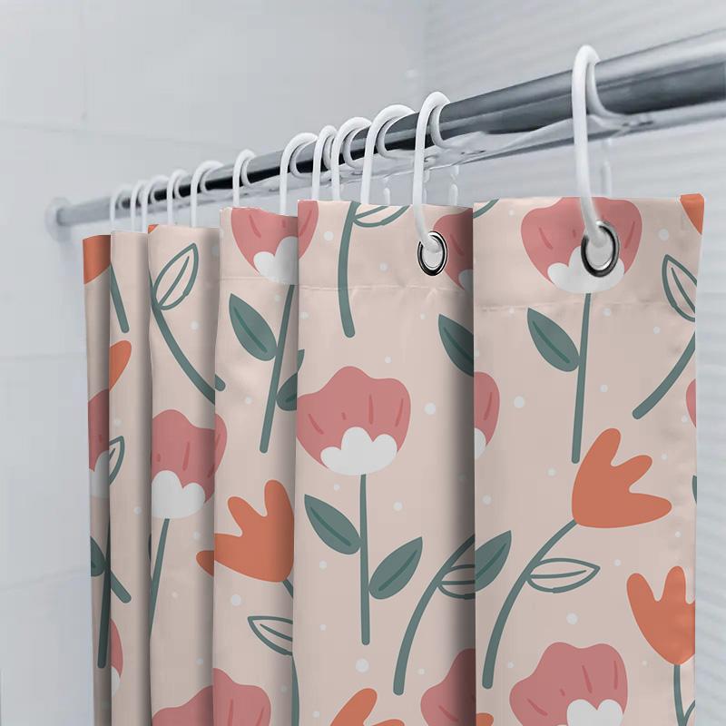 Trendy Bathroom Shower Curtain With Floral Print Pink Orange Leaves Pattern For Home Decoration In Bathrooms