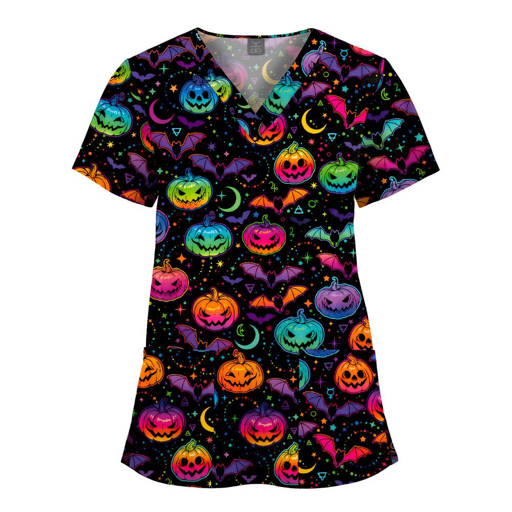 Quick-Drying Printed T-Shirt Short-Sleeved V-Neck Dental Oral Hand Wash Clothes Beauty Salon Pet Hospital Doctor Nurse Overalls