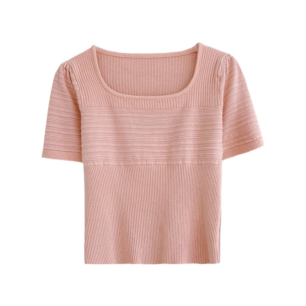 Square Neck Knitted Shirt Short Sleeved Women's Summer Bubble Sleeves Slim Fit Waist Cinching French Style Top