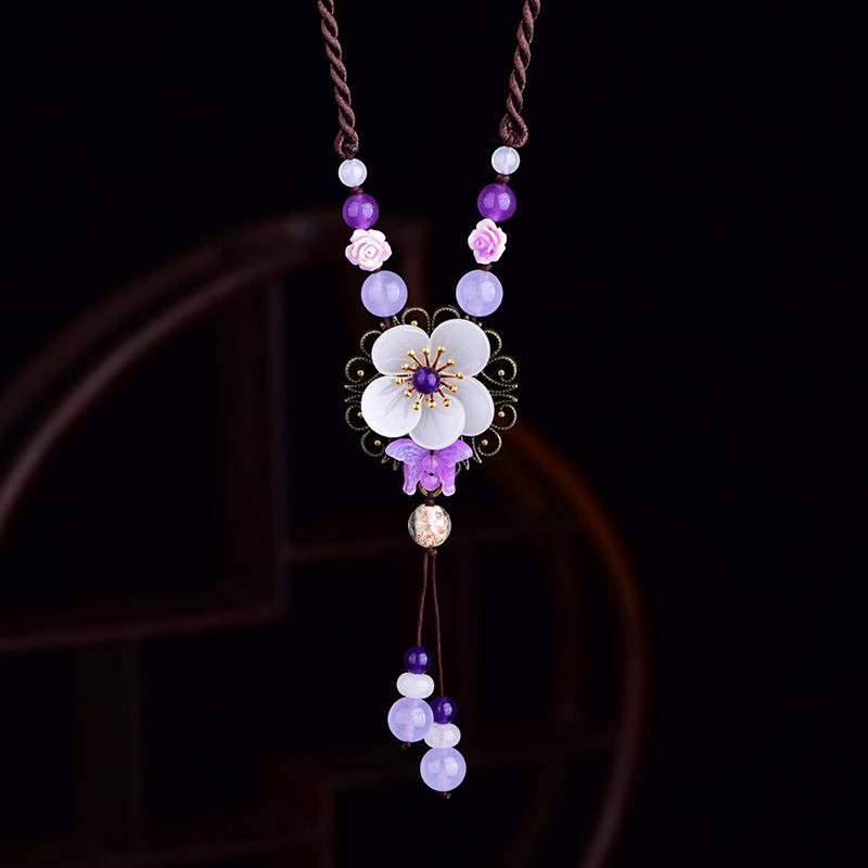 GEMCHIC Women s Ethnic Style Long Sweater Necklace with White Jade Flower Pendant, Retro Glass Beads Tassel Chain for Autumn Winter Fashion