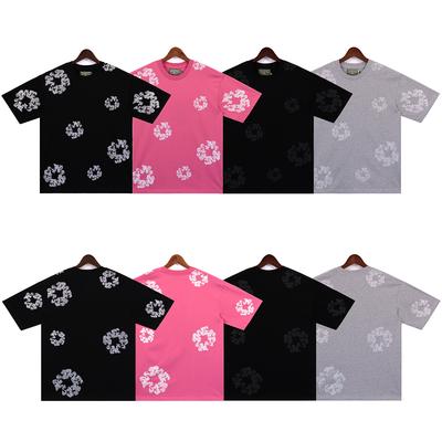 Men Women Casual T-Shirt with All Over Floral Wreath Print, Loose Fit Hip Hop Cotton Tee